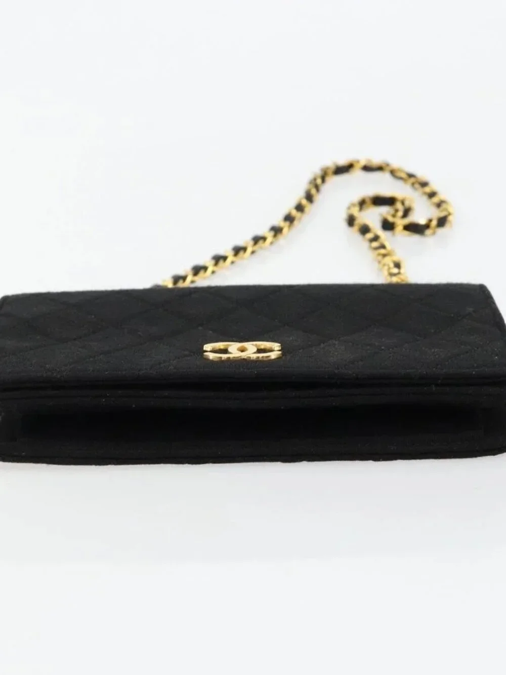 CHANEL Matelasse Chain Shoulder Bag Cotton Black Gold CC Auth 184947